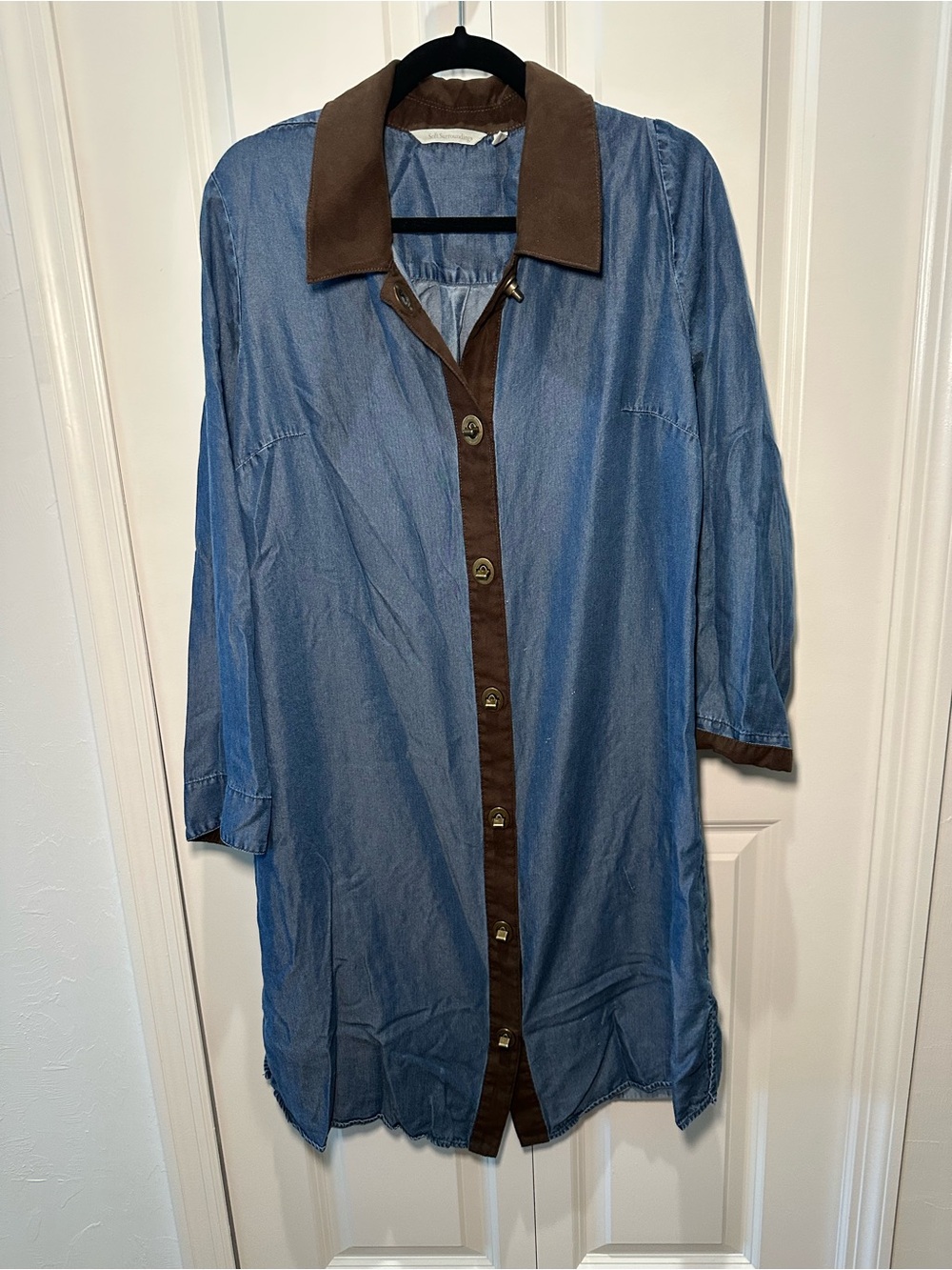 Soft Surroundings Blue Button-Front Dress with Brown Trim Size M